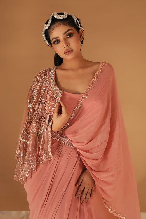 AIYANA : Salmon Hue Saree With Embroidered Net Cape