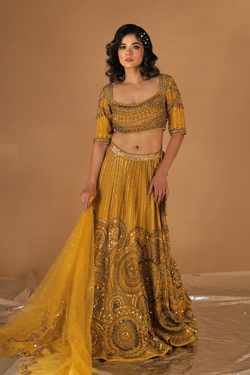 FLAVIA : Mustard Hand Embroidered Lehenga with Heavy Blouse and Dupatta