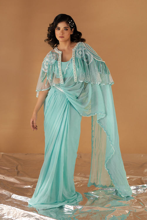 HYDRA : Cyan Hue Saree With Embroidered Net Cape And Blouse
