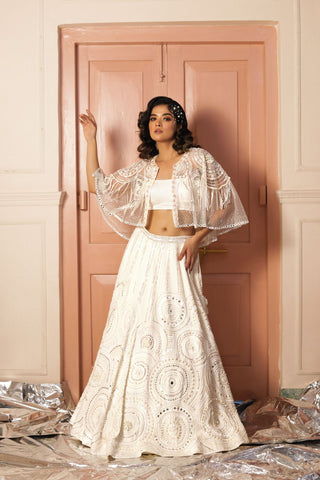 WHITE LOTUS : Embroidered Ivory Blouse Paired With High Slit Skirt And Net Pearl Gloves