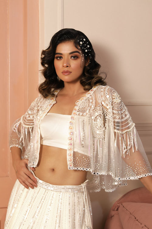 LUNA : Ivory Hand Embroidered Lehenga with Cape Style Blouse and Duppatta