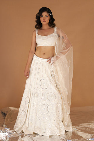 CANDRA : Ivory High Slit Pleated Hand Embroidered Saree With Blouse