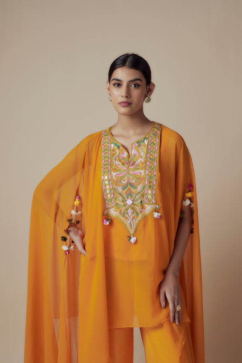 SOL - Mustard Yellow Georgette Thread work Kaftan with Festive Palazzo Pants