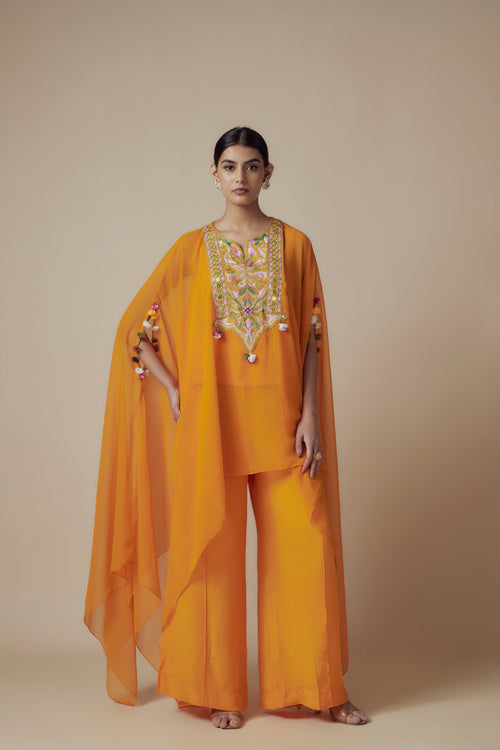 SOL - Mustard Yellow Georgette Thread work Kaftan with Festive Palazzo Pants