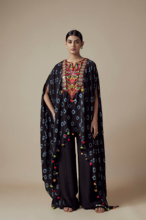 VRINDA - Black Tie & Dye Thread & Mirror work Crepe Kaftan with Festive Palazzo pants