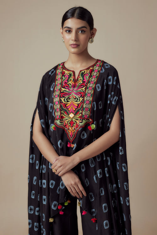 VRINDA - Black Tie & Dye Thread & Mirror work Crepe Kaftan with Festive Palazzo pants