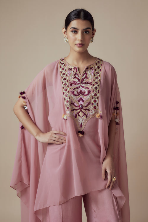 SARDINE - Dusty Pink Georgette Thread & Mirror work Kaftan with Festive Palazzo pants