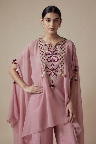 LARA - Pink Thread & Mirror work Georgette Kaftan with Festive Palazzo pants