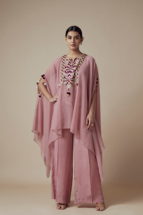 SARDINE - Dusty Pink Georgette Thread & Mirror work Kaftan with Festive Palazzo pants