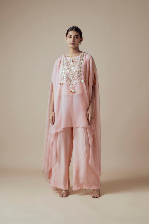 LARA - Pink Thread & Mirror work Georgette Kaftan with Festive Palazzo pants