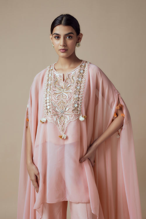 LARA - Pink Thread & Mirror work Georgette Kaftan with Festive Palazzo pants