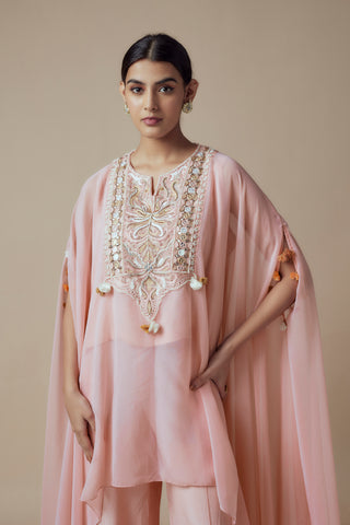 SARDINE - Dusty Pink Georgette Thread & Mirror work Kaftan with Festive Palazzo pants