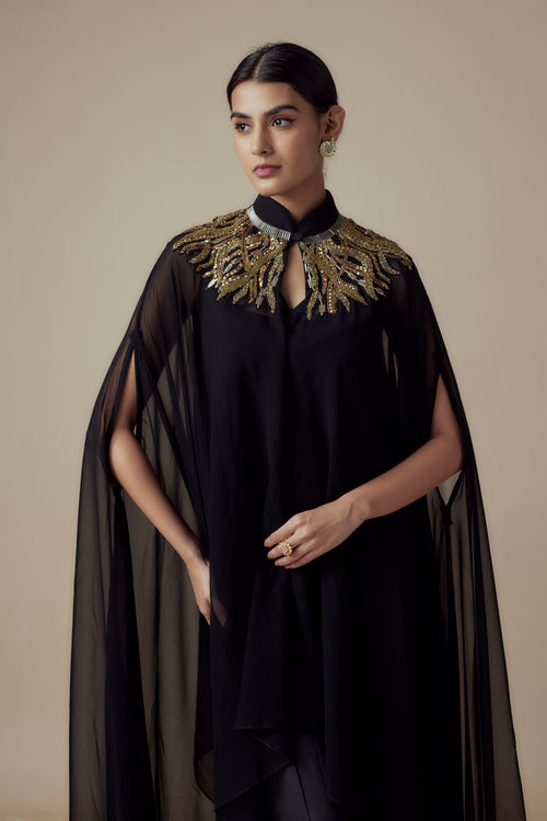 TARINI - Black Georgette Glass bead work Kaftan with Festive Palazzo pants