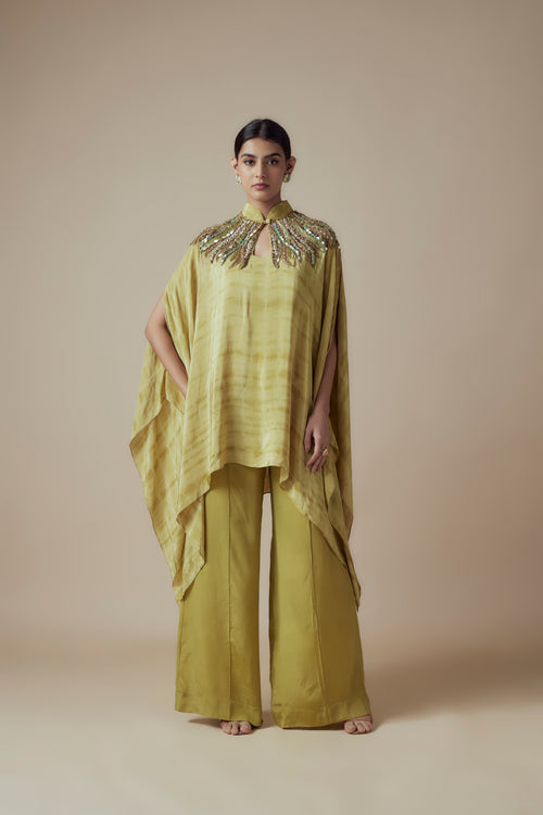 GABRIELLA - Olive Green Crepe Tie & Dye Glass bead work Kaftan with Festive Palazzo pants