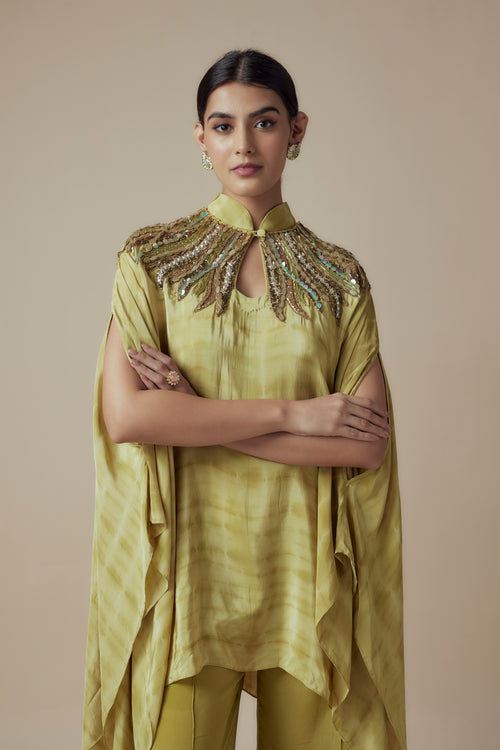 GABRIELLA - Olive Green Crepe Tie & Dye Glass bead work Kaftan with Festive Palazzo pants