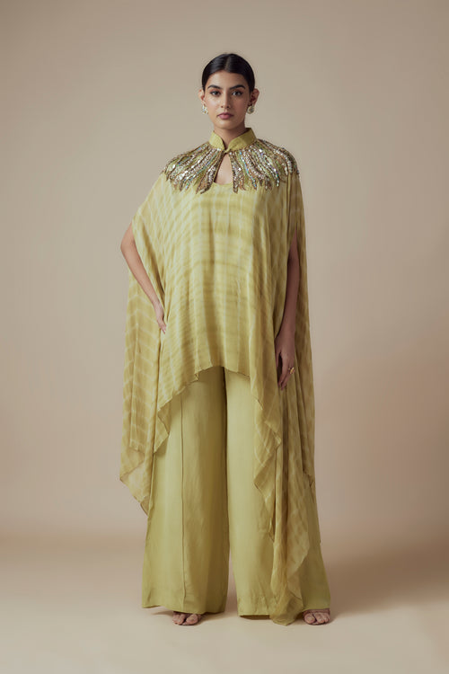 SABRINA - Olive green Tie & Dye Georgette Glass bead work Kaftan with Festive Palazzo Pants