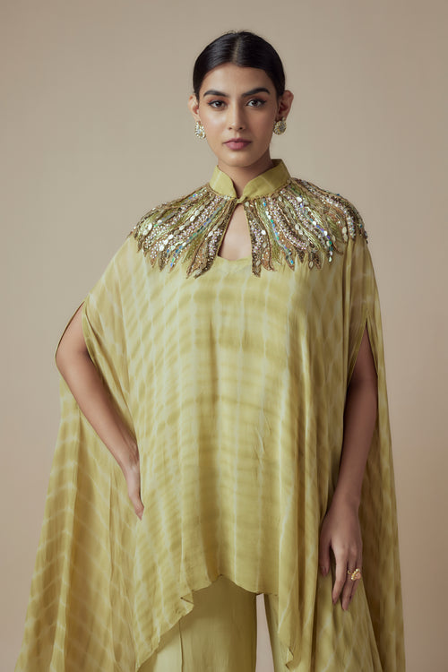 SABRINA - Olive green Tie & Dye Georgette Glass bead work Kaftan with Festive Palazzo Pants