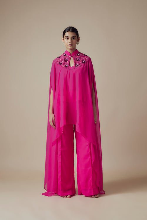 ANASTASIA - Fuschia Georgette Thread & Glass bead work Kaftan with Festive Palazzo Pants