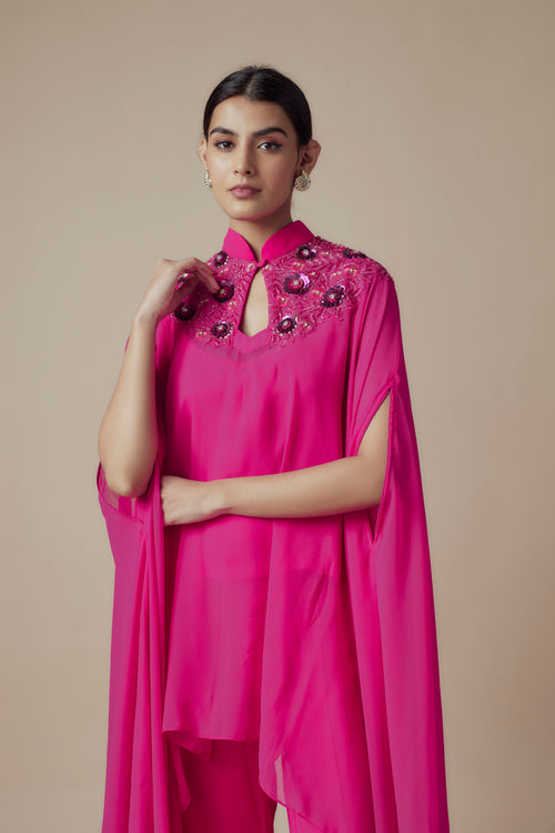 ANASTASIA - Fuschia Georgette Thread & Glass bead work Kaftan with Festive Palazzo Pants