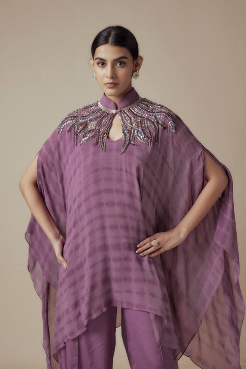 BRIANA - Lavender Tie & Dye Crepe Glass bead work Kaftan with Festive Palazzo Pants