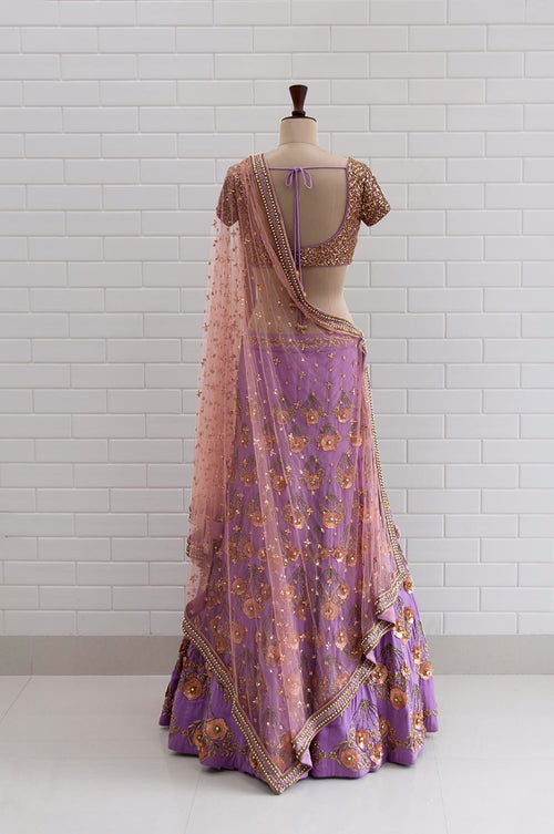 GIULIETTA : Violet Tulle floral zardozi handfans embroidered lehenga with Jaal work choli blouse and dupatta
