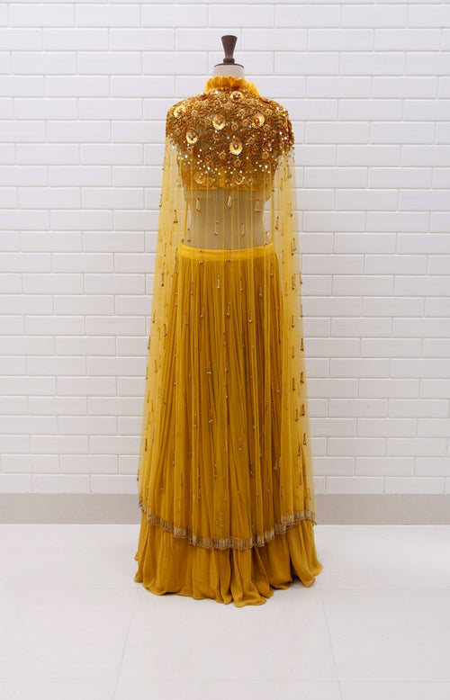 ALBA : Spicy Mustard Box collar Shoulder Jacket & Blouse in Floral Sequins and Beads embroidery with pleated Lehenga