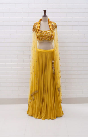 SAVIA : Off shoulder pleated gown with Floral Sequins and Beads embroidered flaired collar