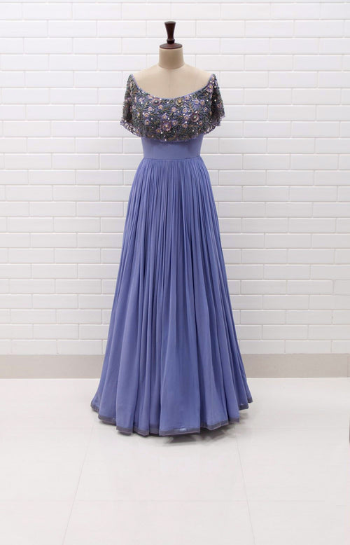 SAVIA : Off shoulder pleated gown with Floral Sequins and Beads embroidered flaired collar