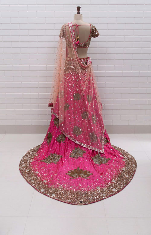 Esha Gupta Coral Pink Lotus Motif Trail Lehenga with choli cut blouse & dupatta