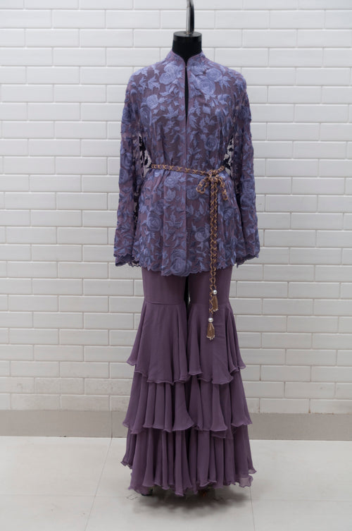 KYLA2 - Triple Layered Sharara, Stone Embellished Belt & Intricately Embroidered Cape