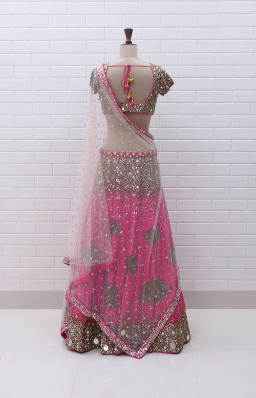 Esha Gupta Coral Pink Lotus Motif Lehenga with choli cut blouse & dupatta