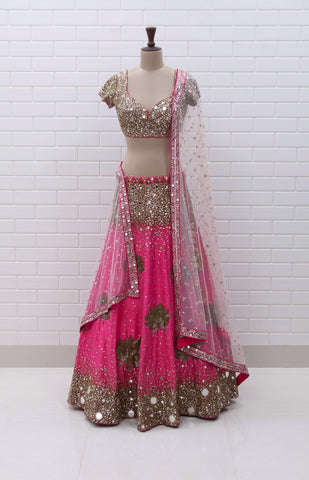 Peach Lehenga with Mirror Corset and Kundan cowl jacket