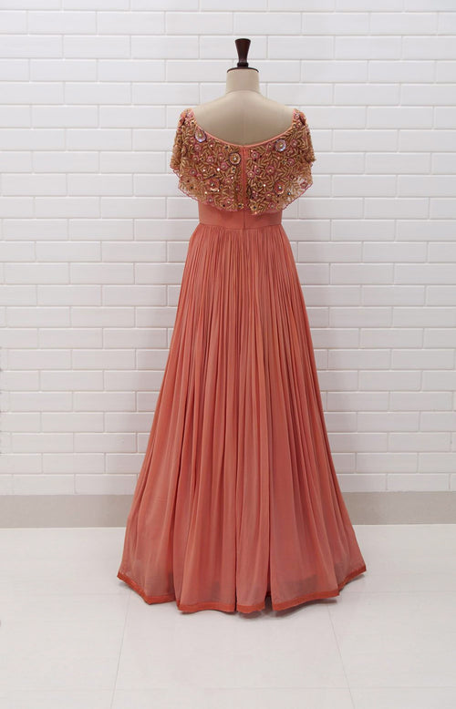 DONNA : Off shoulder pleated gown with Floral Sequins and Beads embroidered flaired collar