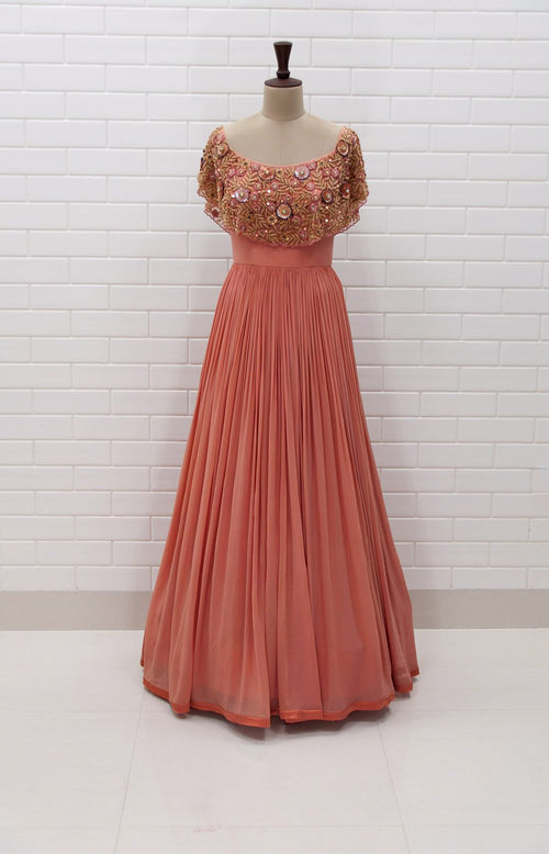 DONNA : Off shoulder pleated gown with Floral Sequins and Beads embroidered flaired collar