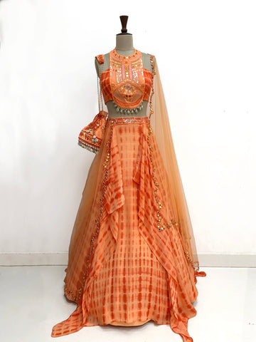 ALAINA : Boho Choli with tribal motifs with a hand-knotted Tie and dye handkerchief lehenga