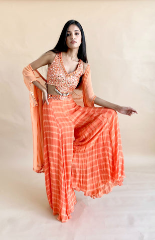 MAIA - Cutwork Blouse, Floral Motif Mirror Work Lehenga, Scalloped Collar Jacket & Embellished Belt