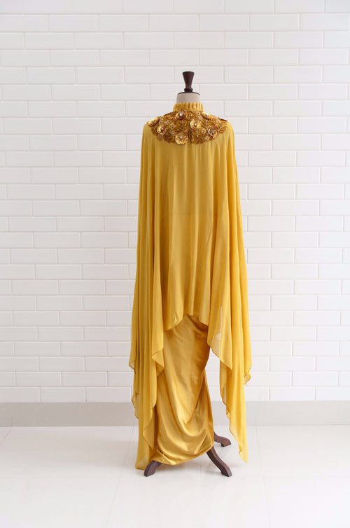 ARIA : Spicy Mustard Embroidered Kaftan With Satin Dhoti