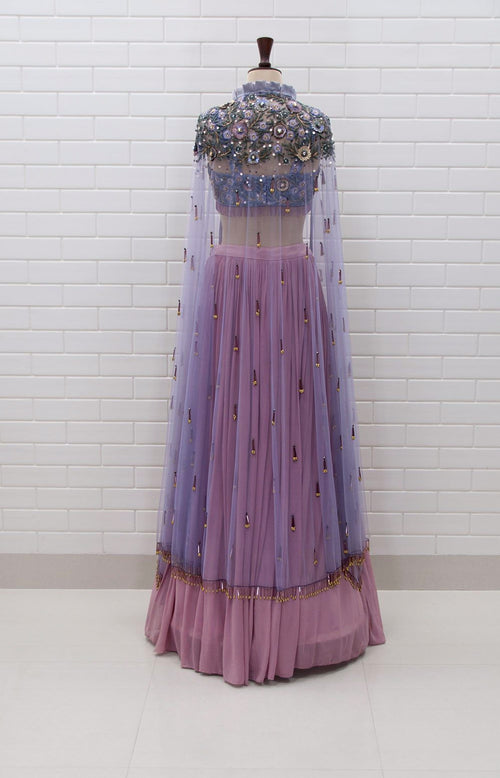 BELLAROSA : Box collar Shoulder Jacket & Blouse in Floral Sequins and Beads embroidery with pleated Lehenga