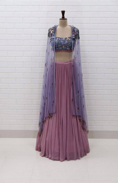 BELLAROSA : Box collar Shoulder Jacket & Blouse in Floral Sequins and Beads embroidery with pleated Lehenga