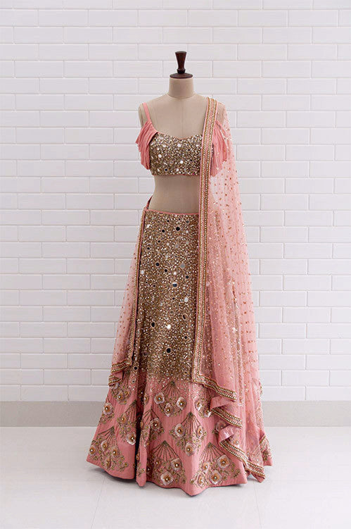 ISABELLA : Canyon Clay Drape Sleeves with Jaal embroidery Blouse and Lehenga