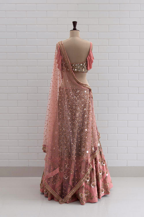 ISABELLA : Canyon Clay Drape Sleeves with Jaal embroidery Blouse and Lehenga