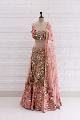 CLARISSA : Canyon Clay Ruffled Jacket with blouse and lehenga