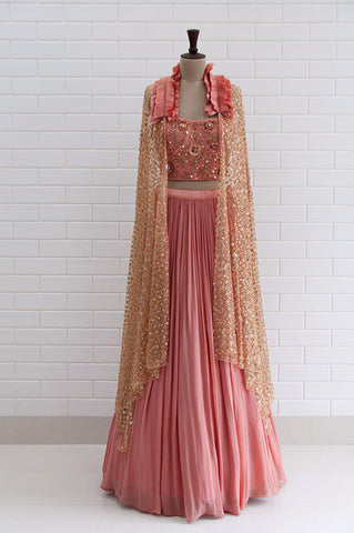 ISABELLA : Canyon Clay Drape Sleeves with Jaal embroidery Blouse and Lehenga