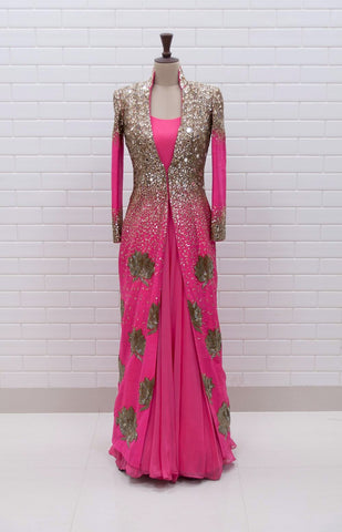 Esha Gupta Coral Pink Lotus Motif Trail Lehenga with choli cut blouse & dupatta