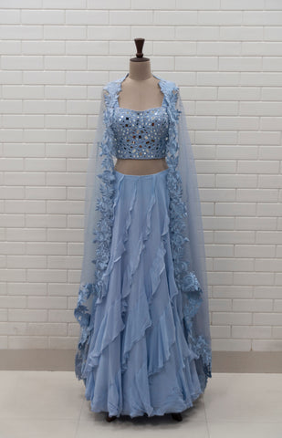 REBECCA - Greyish Blue Zig Zag Lehenga, Densely Embroidered Blouse & Dupatta