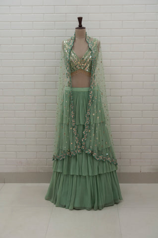 ARACELLI - Pista Green Chikankari Lehenga