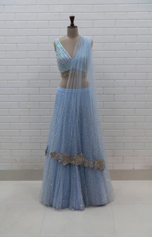 CHLORIS - Ice Blue Mirror Hand-embroidered Corset & Ruffle Lehenga