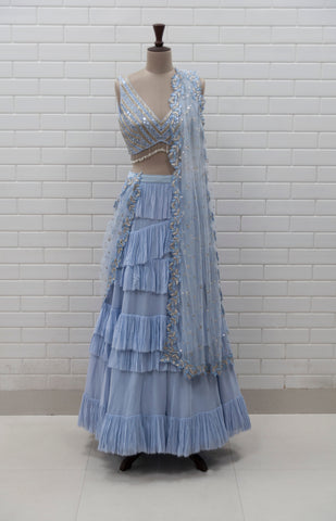 CHLORIS - Ice Blue Mirror Hand-embroidered Corset & Ruffle Lehenga