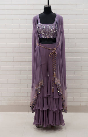 KYLA - Triple Layered Sharara, Stone Embellished Belt & Intricately Embroidered Cape