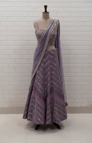 REBECCA - Greyish Blue Zig Zag Lehenga, Densely Embroidered Blouse & Dupatta